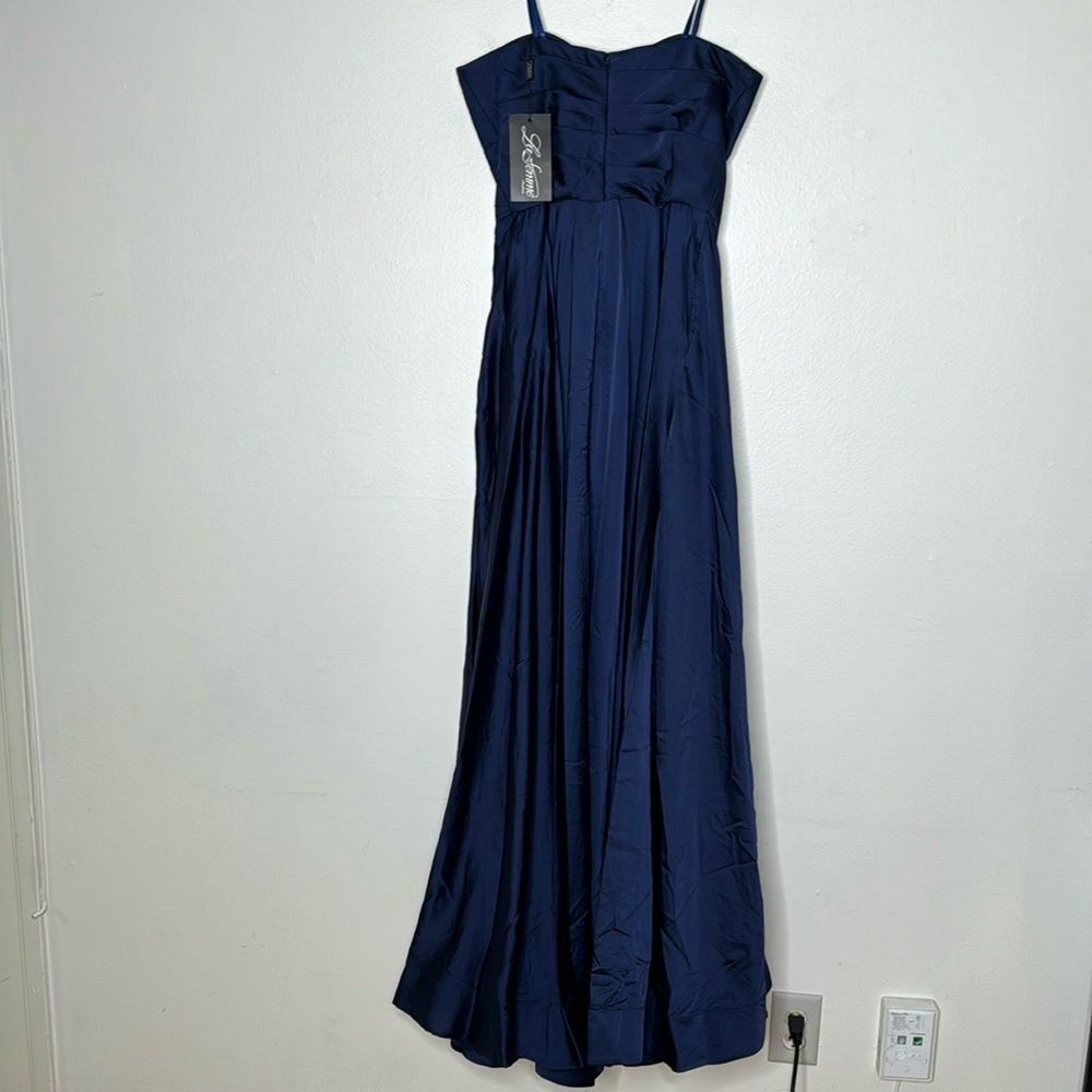 La Femme Womens Size 8 Navy Strapless Slit Satin Ballgown - Picture 3 of 12